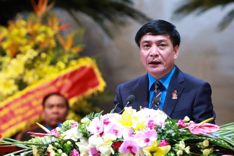 Đồng chí Bùi Văn Cường - Uỷ viên Trung ương Đảng, Chủ tịch Tổng LĐLĐVN khóa XII phát biểu bế mạc Đại hội XII Công đoàn Việt Nam. Ảnh: Hải Nguyễn.